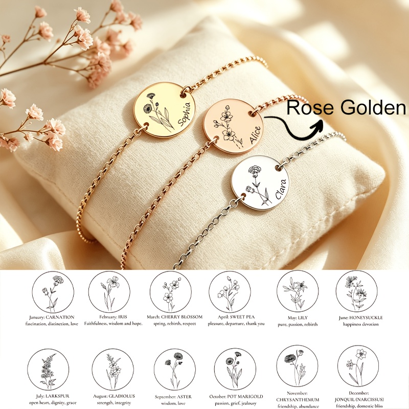 Personalized Birth Flower Bracelet in Stainless Steel